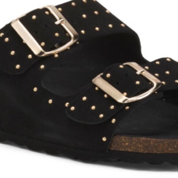 NEW BIO GREEN Made In Spain Suede Sandals With Gold Tone Studded Details 367tn - Picture 3 of 5